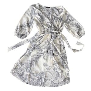 Floral Wrap Dress L White Botanical Cottagecore Boho Mini Dress Tie Waist NWT